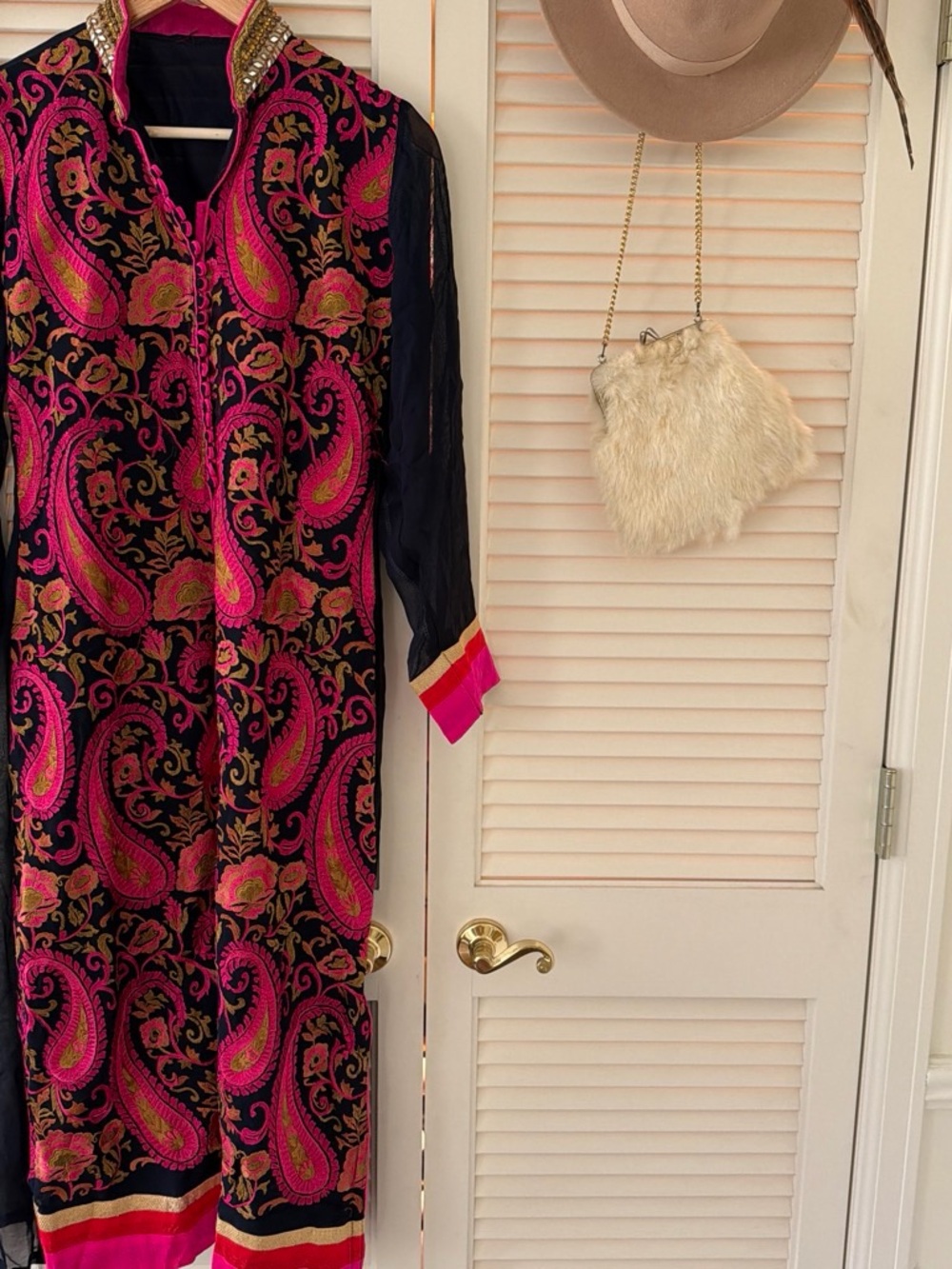 Vintage Navy & Hot Pink Paisley Embroidered Long Tunic